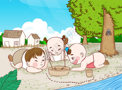 童年记忆夏日孩童们斗蛐蛐手绘原创插画背景图片