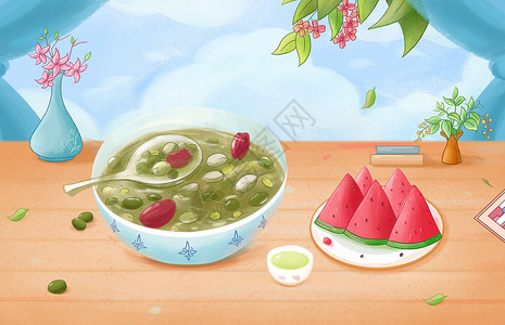 夏季食品绿豆汤插画