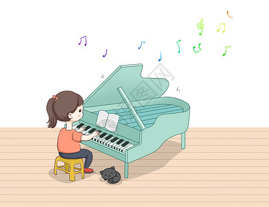 猫和钢琴素材弹钢琴的女孩插画