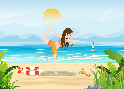 卡通比基尼泳装海边瑜伽插画