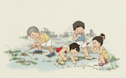暑假生活记录童趣数蚂蚁插画