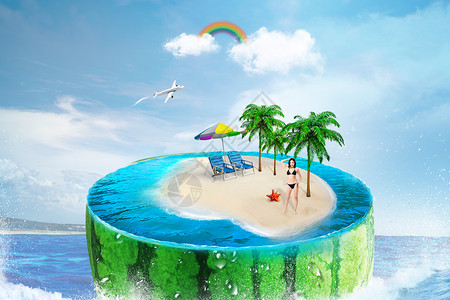 夏日西瓜海报背景夏季西瓜上的沙滩场景设计图片