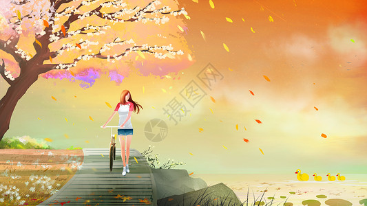 女生躺在落叶上秋天在小桥上漫步的女孩插画