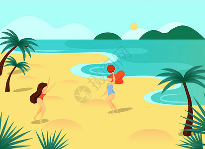 椰树沙滩海水沙滩排球插画