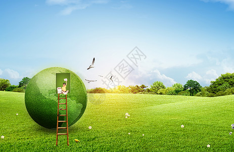 球与小女孩绿色大自然设计图片