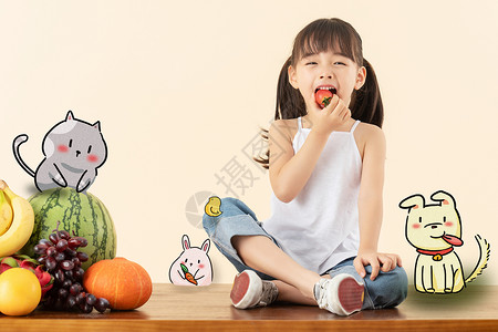 水果蔬菜创意小女孩与小动物创意摄影插画插画