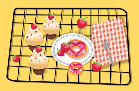 草莓味甜甜圈蛋糕烘焙插画
