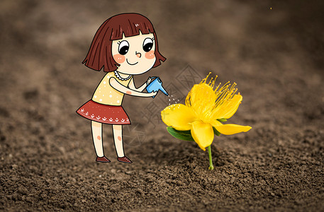 小女孩浇花花朵高清图片素材