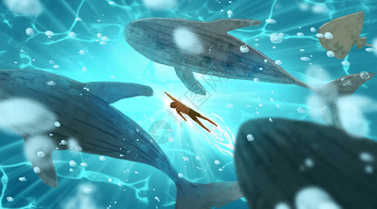 深海游泳深海鲸鱼群插画