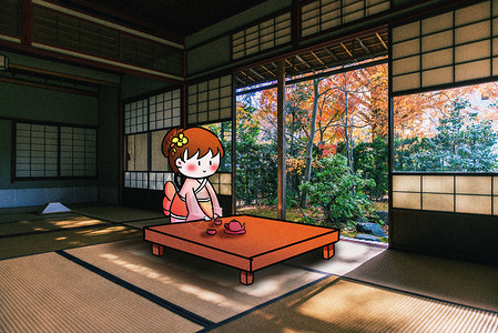 樱花和日式庭院品茶小女孩创意摄影插画插画