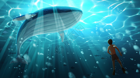 潜水海洋鲸鱼与少年插画