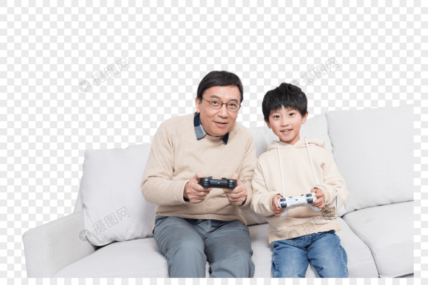 爷爷和孙子在客厅玩游戏图片