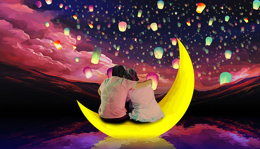 夫妻相拥坐在月亮上赏灯的背影图片