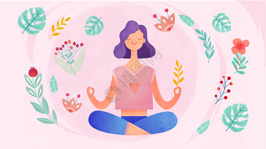 美女蓝色背景粉色清新风瑜伽运动有氧健身美女插画插画