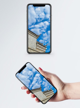 蓝天白云草地建筑中国风手机壁纸模板