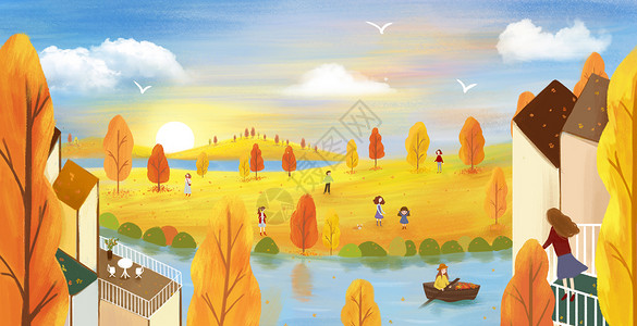秋天河边风景插画高清图片