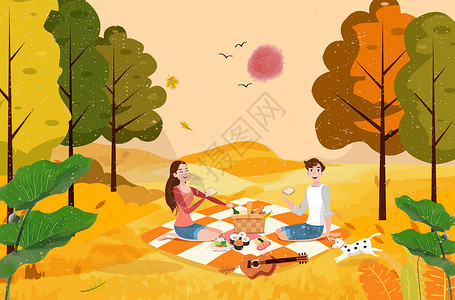 秋季野餐的情侣郊游插画