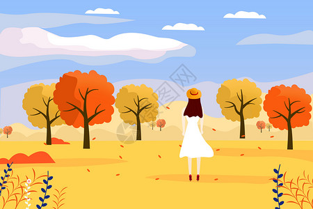 欣赏秋天景色的女孩插画背景图片