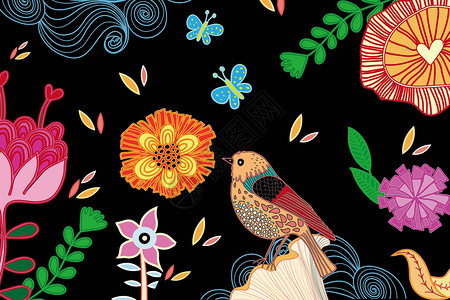 彩色装饰花纹中国风植物花卉背景插画