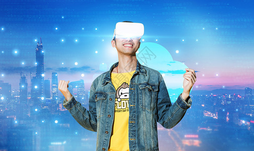 VR虚拟体验戴着VR眼镜高清图片素材