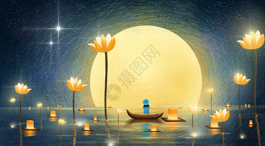 中秋节圆月放河灯的夜晚高清图片