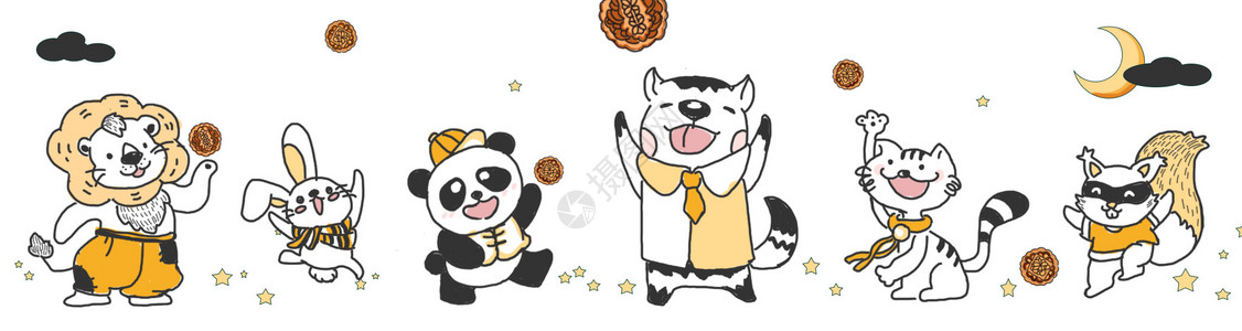 美食背景素材手绘小动物过中秋吃月饼插画