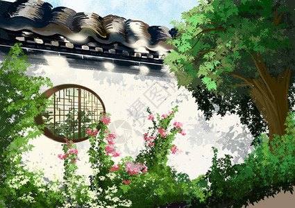 中国古典窗户砖房小院插画