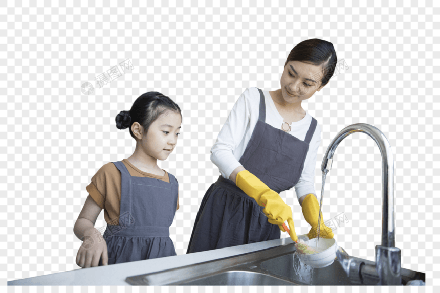 妈妈和女儿在新家厨房洗碗图片