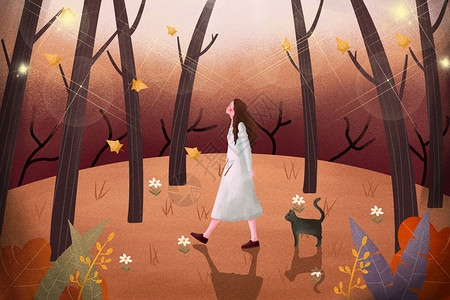树林里漫步的女孩背景图片