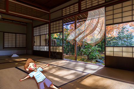 日本可爱小美女日本庭院和榻榻米插画