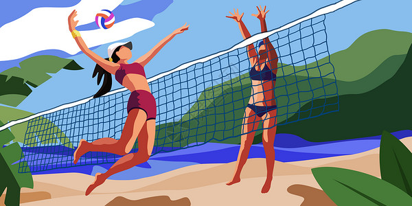 亚运会背景沙滩排球比赛插画