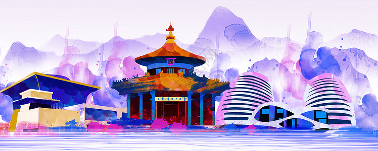 北京水彩插画国际中国风地标插画插画