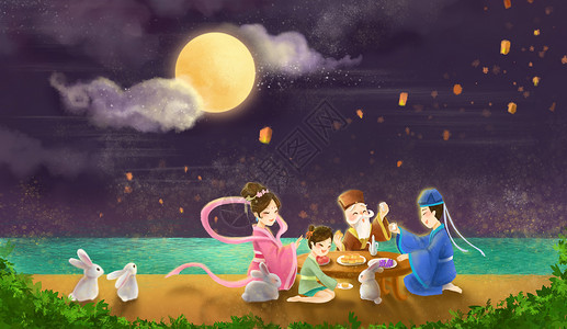 手绘中秋节中秋小孩赏月高清图片