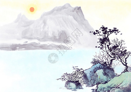 湖水和山峦新水墨风意境背景中国风插画