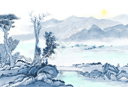 湖水和山峦清新治愈中国风水墨插画