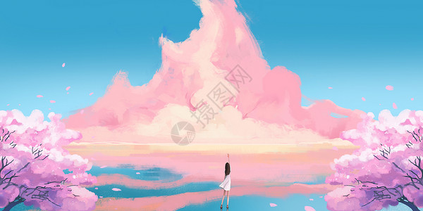 粉色海洋插画高清图片