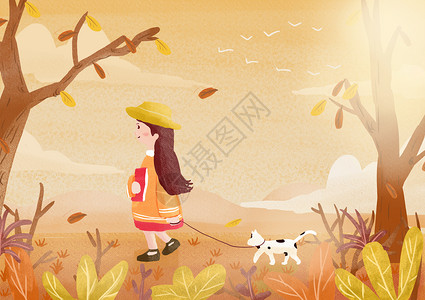 秋季小女孩遛猫背景图片
