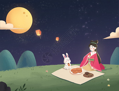 中秋节吃月饼赏月背景图片