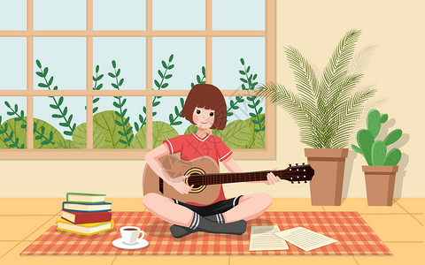 居家娱乐休闲弹吉他的女孩插画