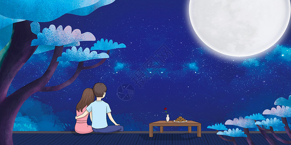 中秋赏月的女孩中秋情侣背景设计图片