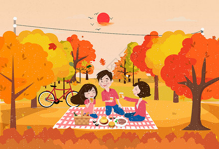 秋季野餐的情侣郊游插画
