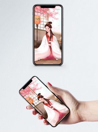 粉色百合花花枝中国风手机壁纸模板
