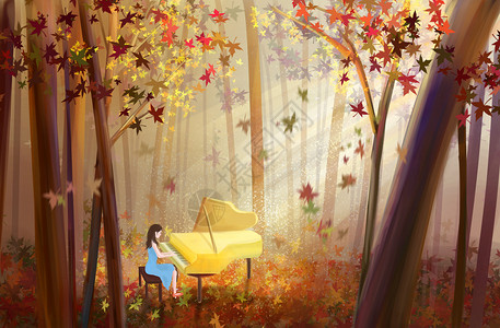 弹琴女孩秋季树林里弹琴的女孩插画