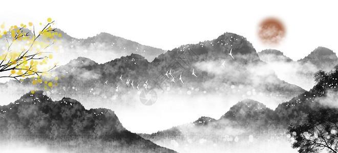 中国风水墨山水背景插画图片