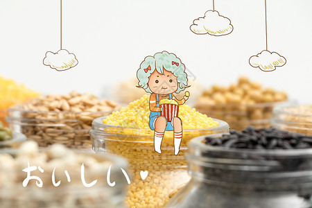 爆米花玉米女孩和美味食物插画