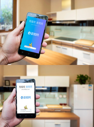 厨房忙碌家庭厨房手持苹果手机样机模板