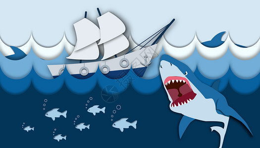 大白鲨剪纸风鲨鱼插画