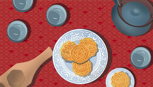 手绘月饼和茶水月饼插画插画