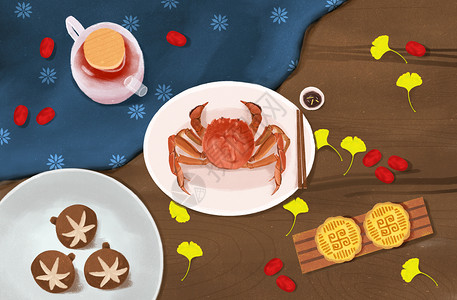 中秋节餐桌美食插画图片