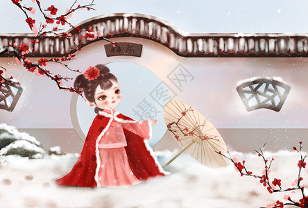 中国风小雪赏雪的女孩高清图片